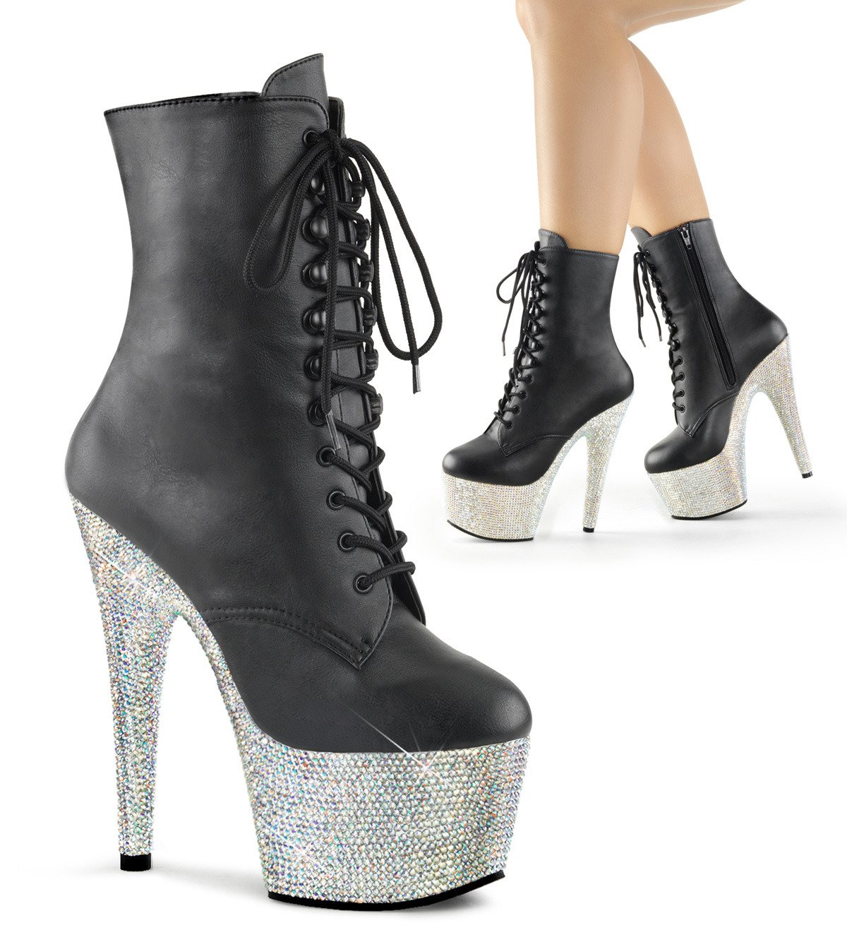 Pleaser Bejeweled-1020-7 BPU/SMRS - Black High-Platform Ankle Boots