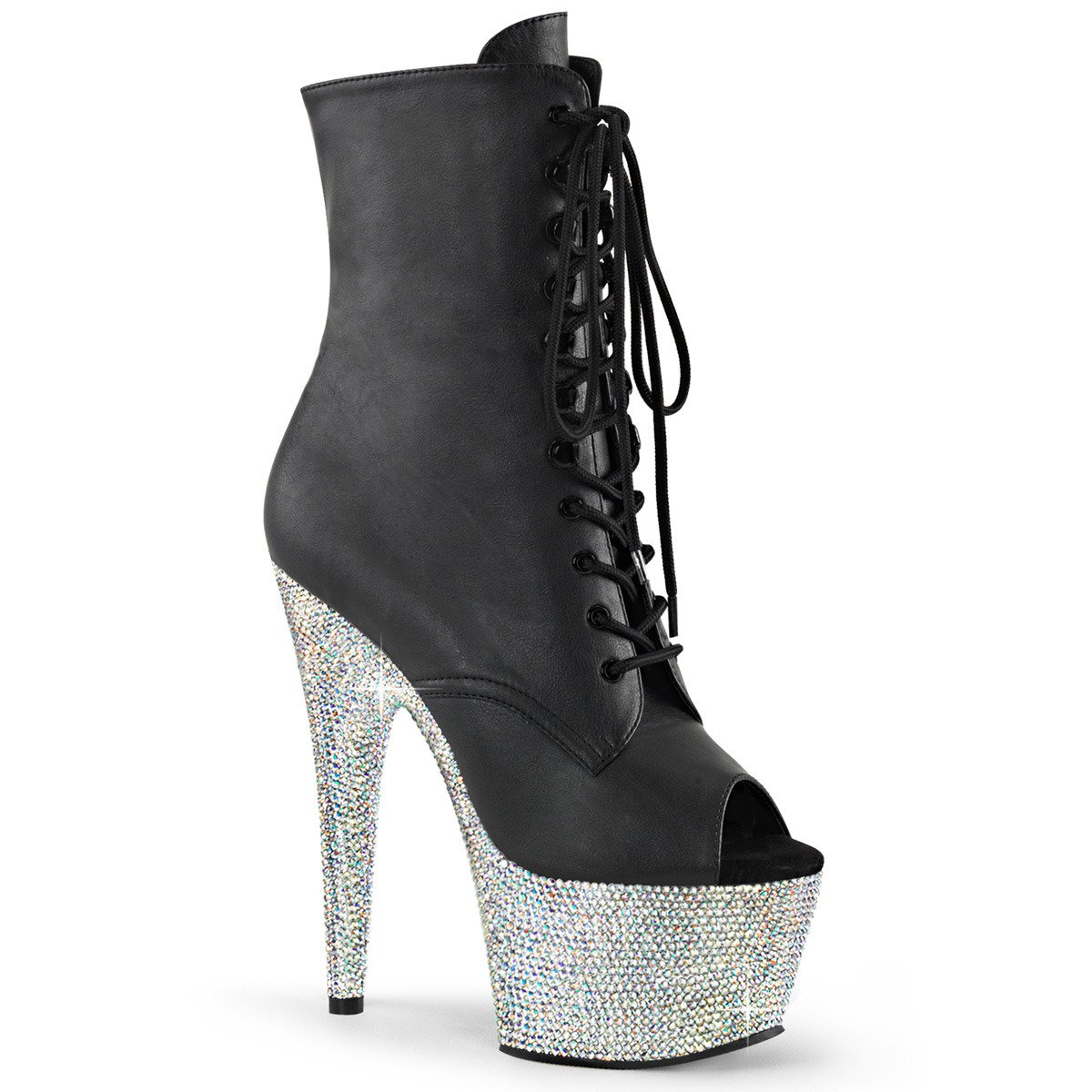 Pleaser Bejeweled-1021-7 BPU/SRS - Shiny Black High-Platform Peep Toe Boots