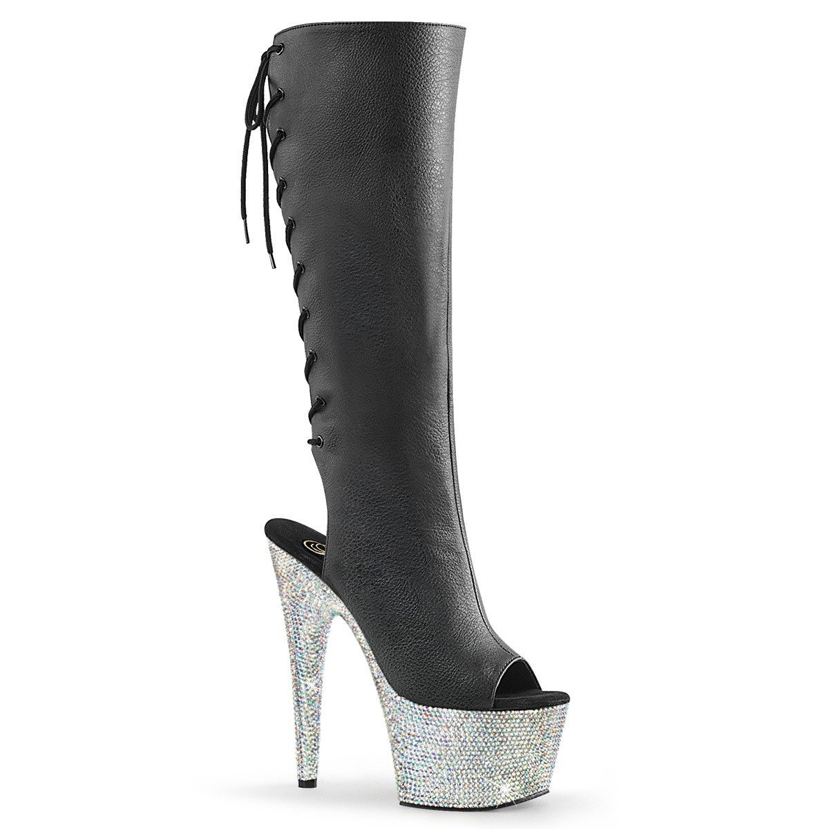 Pleaser Bejeweled-2018-7 BPU/SRS - Black High-Platform Peep Toe Boots