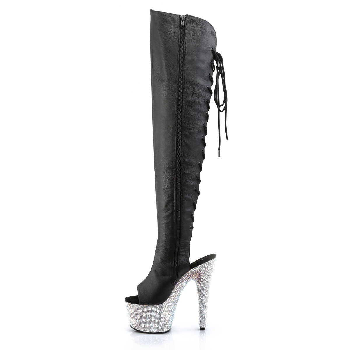 Pleaser Bejeweled-3019DM-7 BPU/SMRS - Black High-Platform Peep Toe Boots