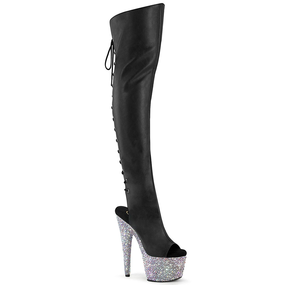 Pleaser Bejeweled-3019MS-7 BPU/SRS - Black High-Platform Peep Toe Boots