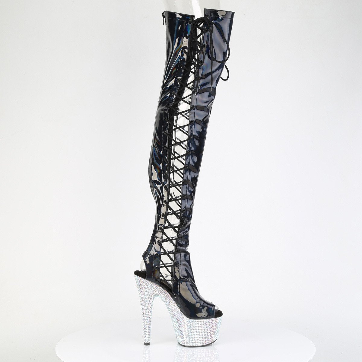 Pleaser Bejeweled-3052HG-7 BHG/SRS - Shiny Black High-Platform Peep Toe Boots