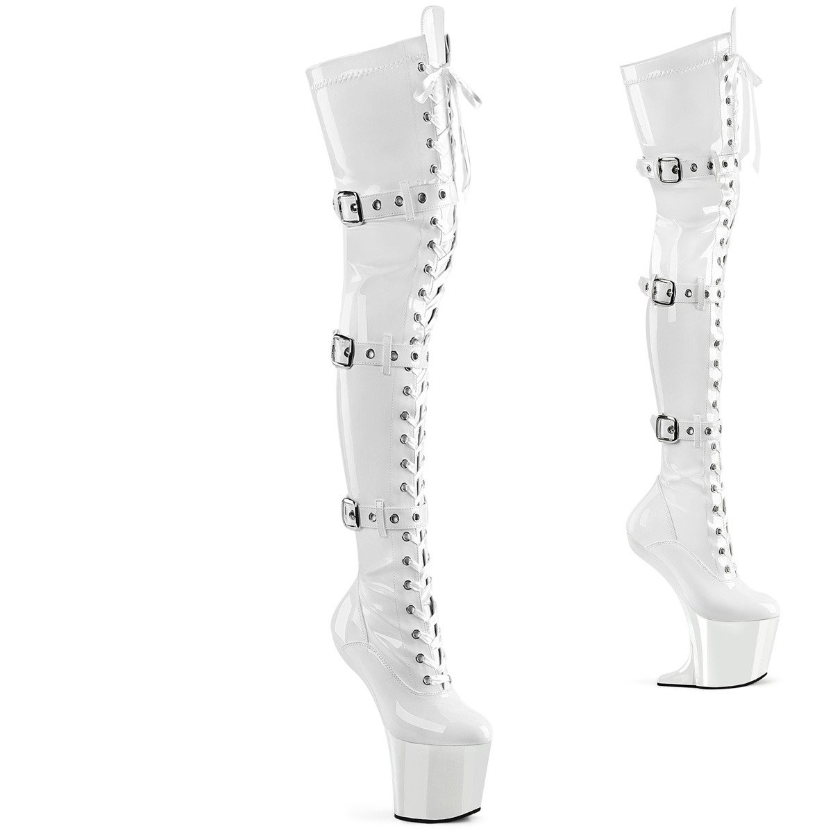 Pleaser Craze-3028 W/M - Shiny White High-Platform Heelless Heels