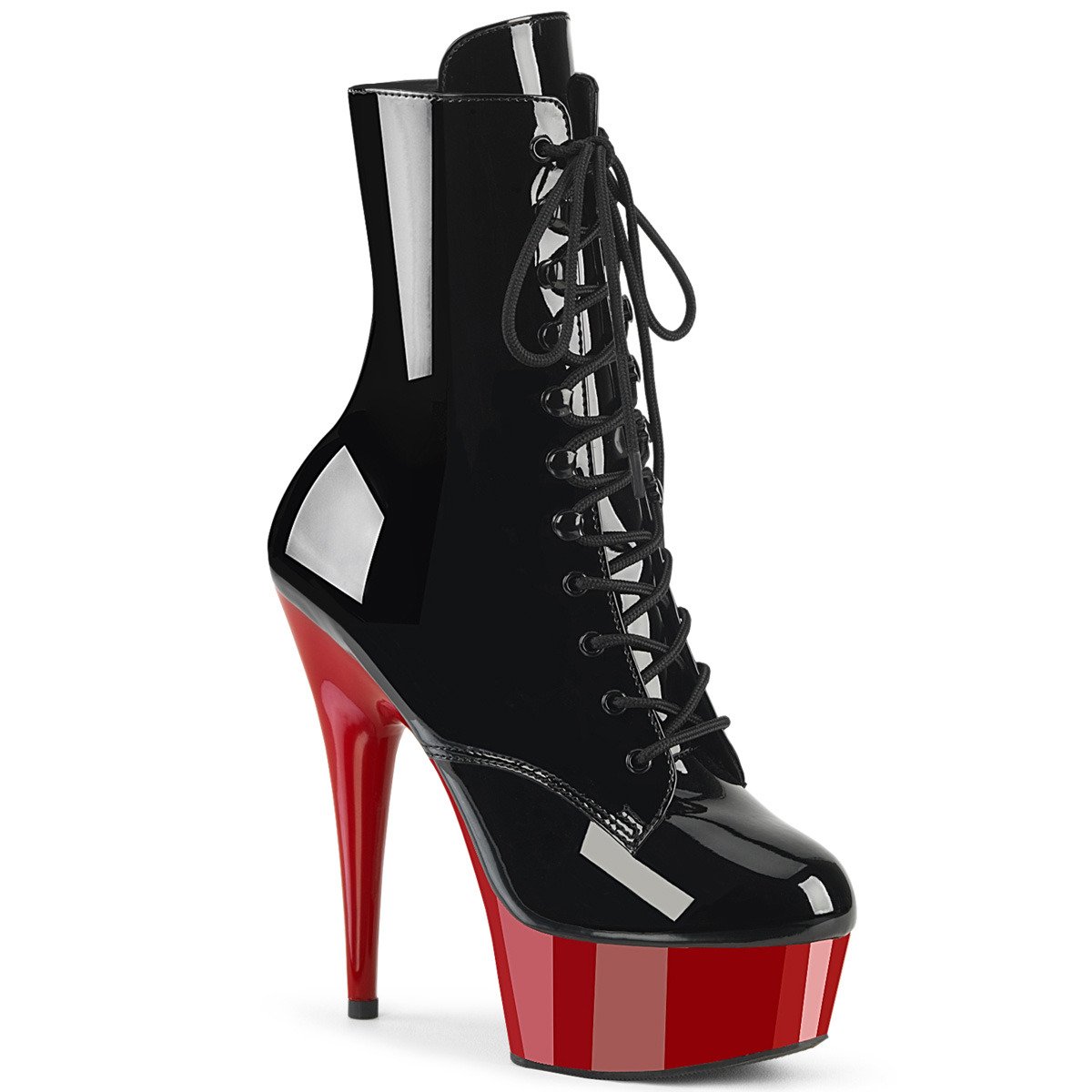 Pleaser Delight-1020 B/R - Shiny Black Platform High-Heel Ankle Boots