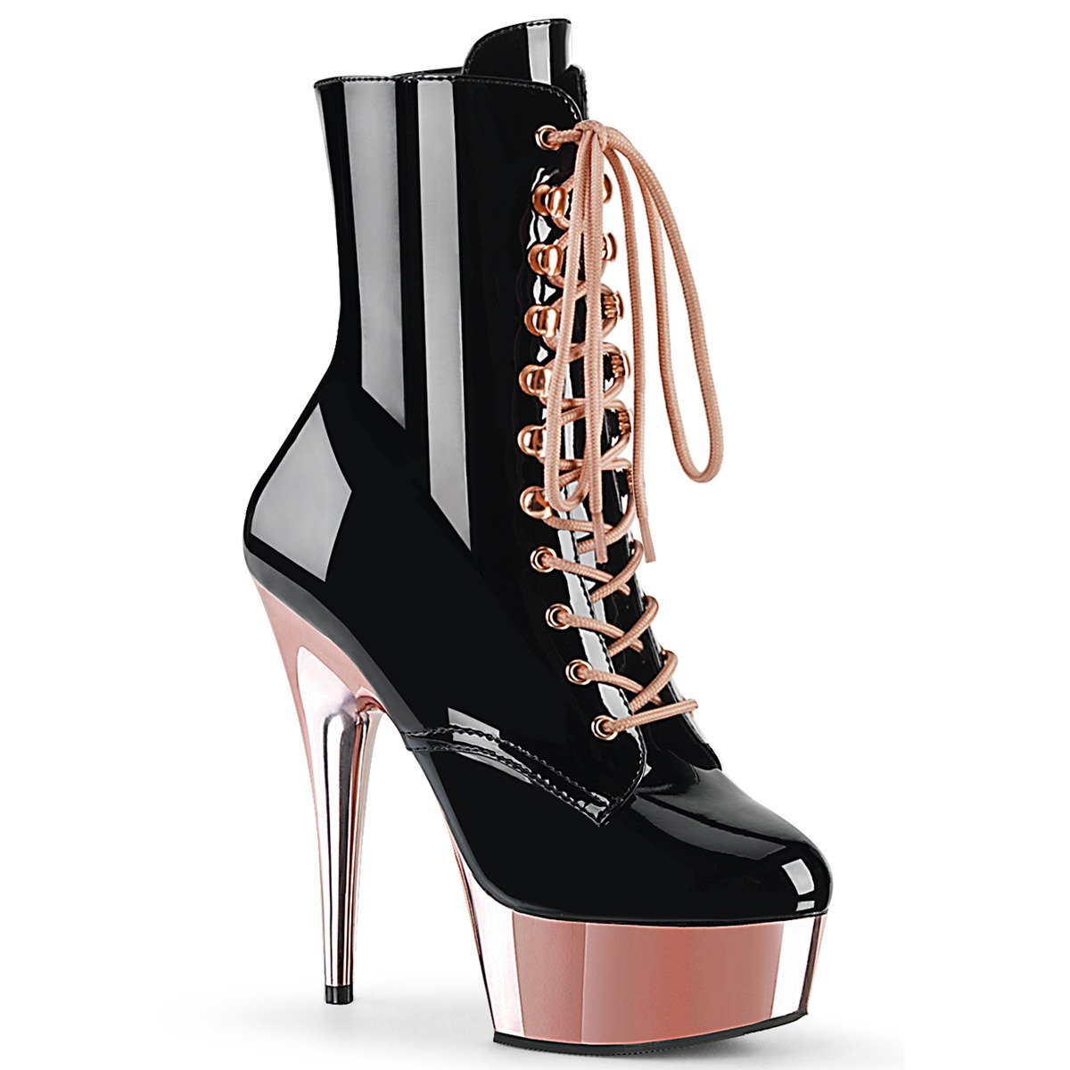 Pleaser Delight-1020 B/ROGLDCH - Shiny Black Platform High-Heel Ankle Boots