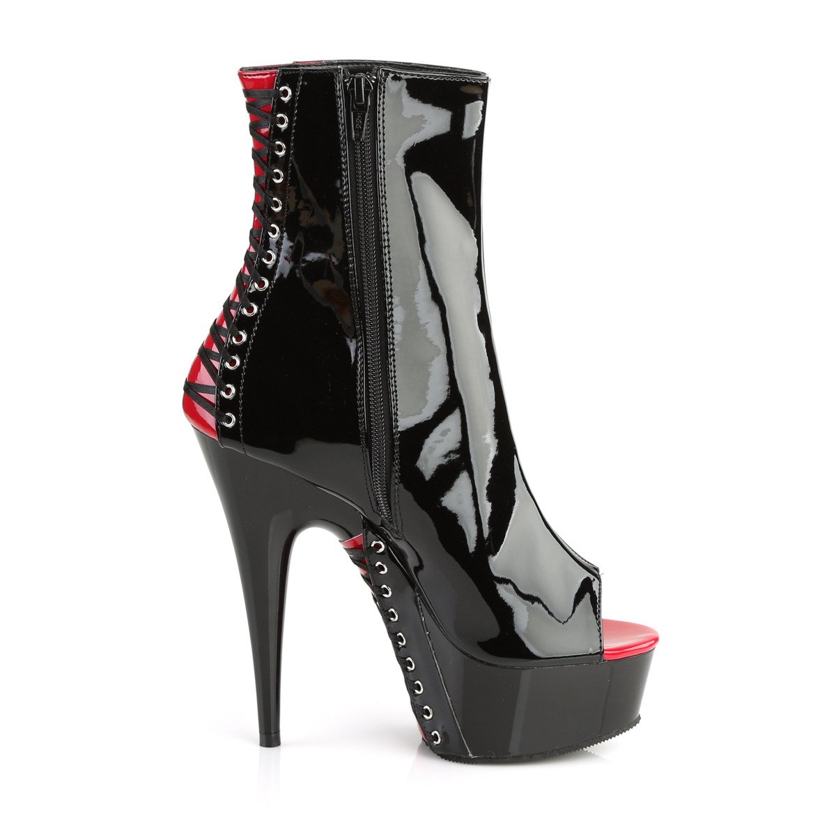 Pleaser Delight-1025 B-R/B - Shiny Black Platform High-Heel Ankle Boots