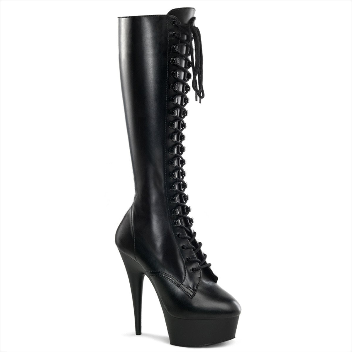Pleaser Delight-2023 B/PU - Black Platform High-Heel Knee High Boots