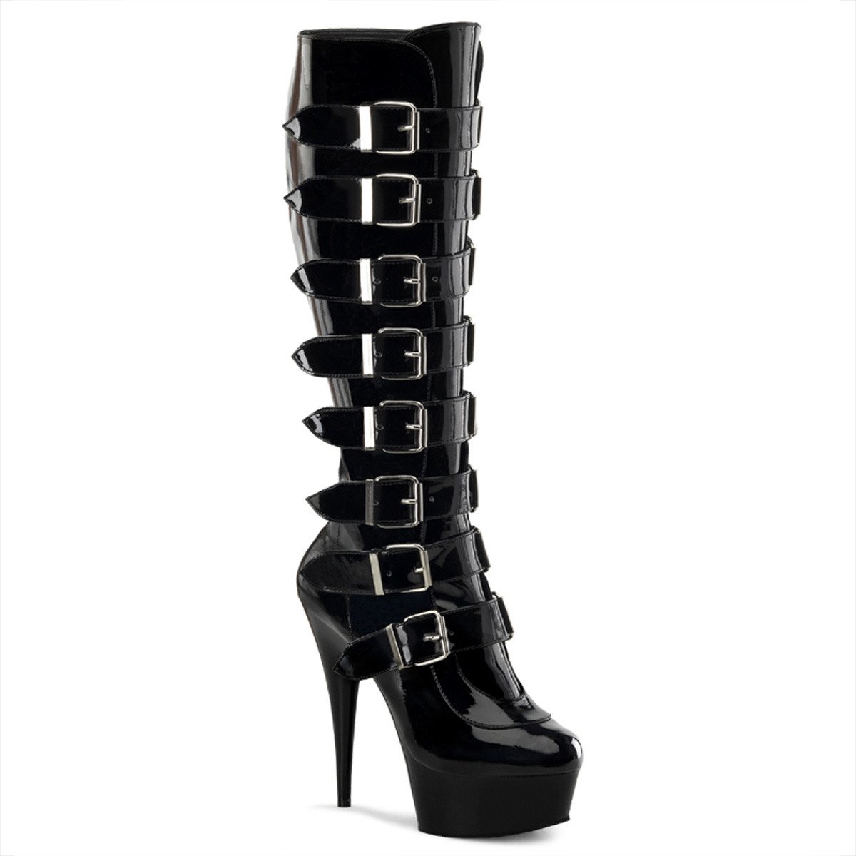 Pleaser Delight-2049 B/M - Shiny Black Platform High-Heel Knee High Boots