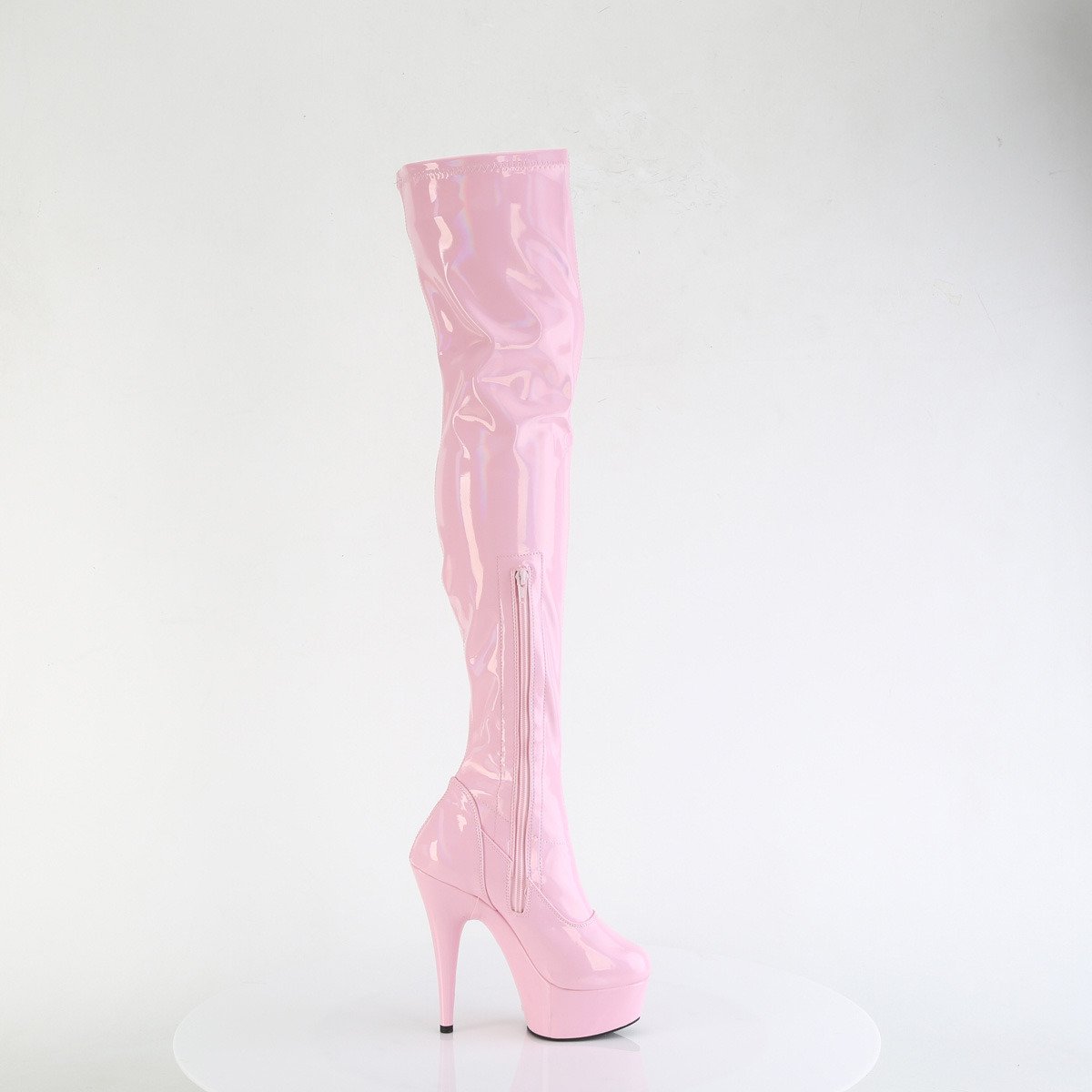 Pleaser Delight-3000HWR BPHG/M - Shiny Pink Platform High-Heel Thigh High Boots