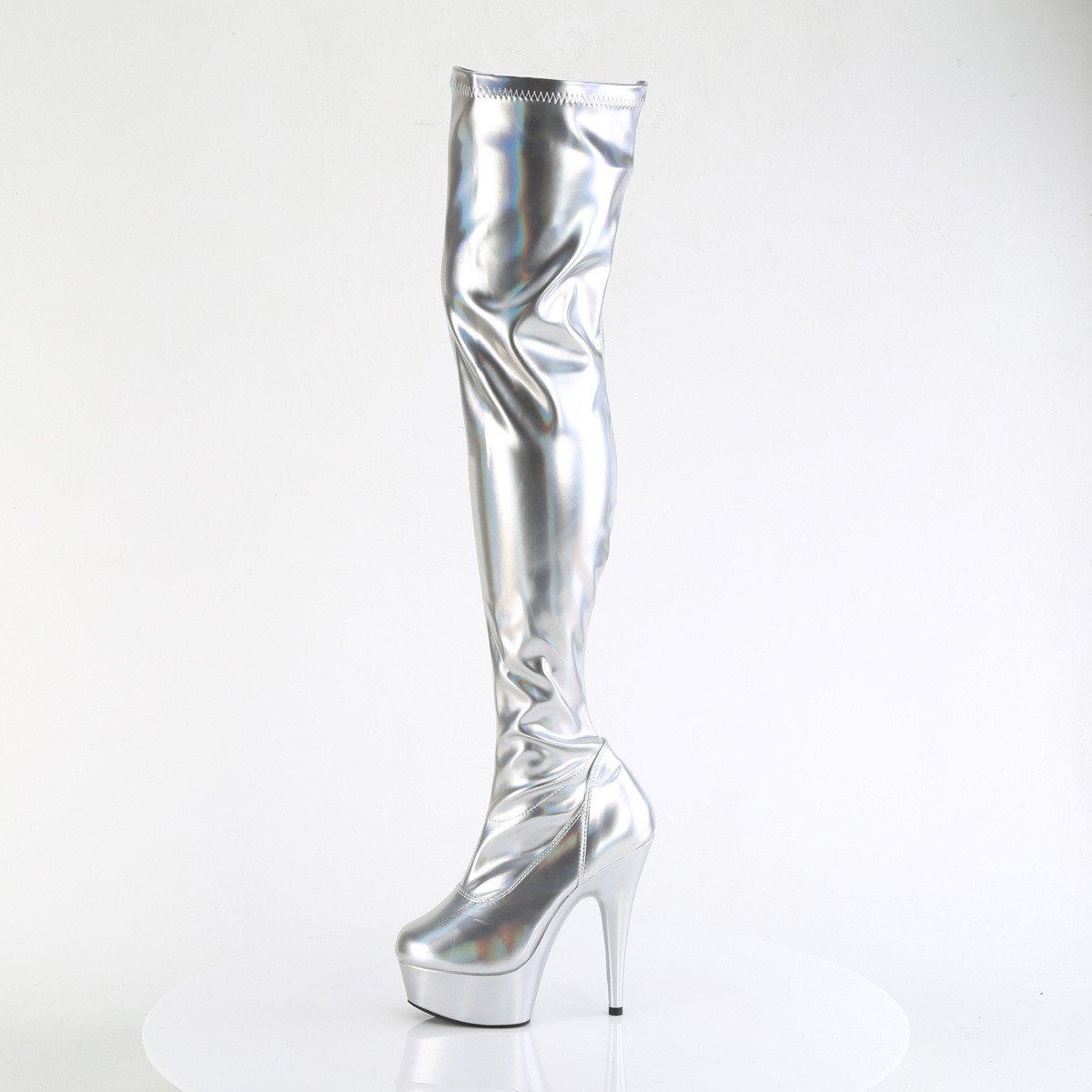 Pleaser Delight-3000HWR SHGPU/M - Shiny Silver Platform High-Heel Thigh High Boots
