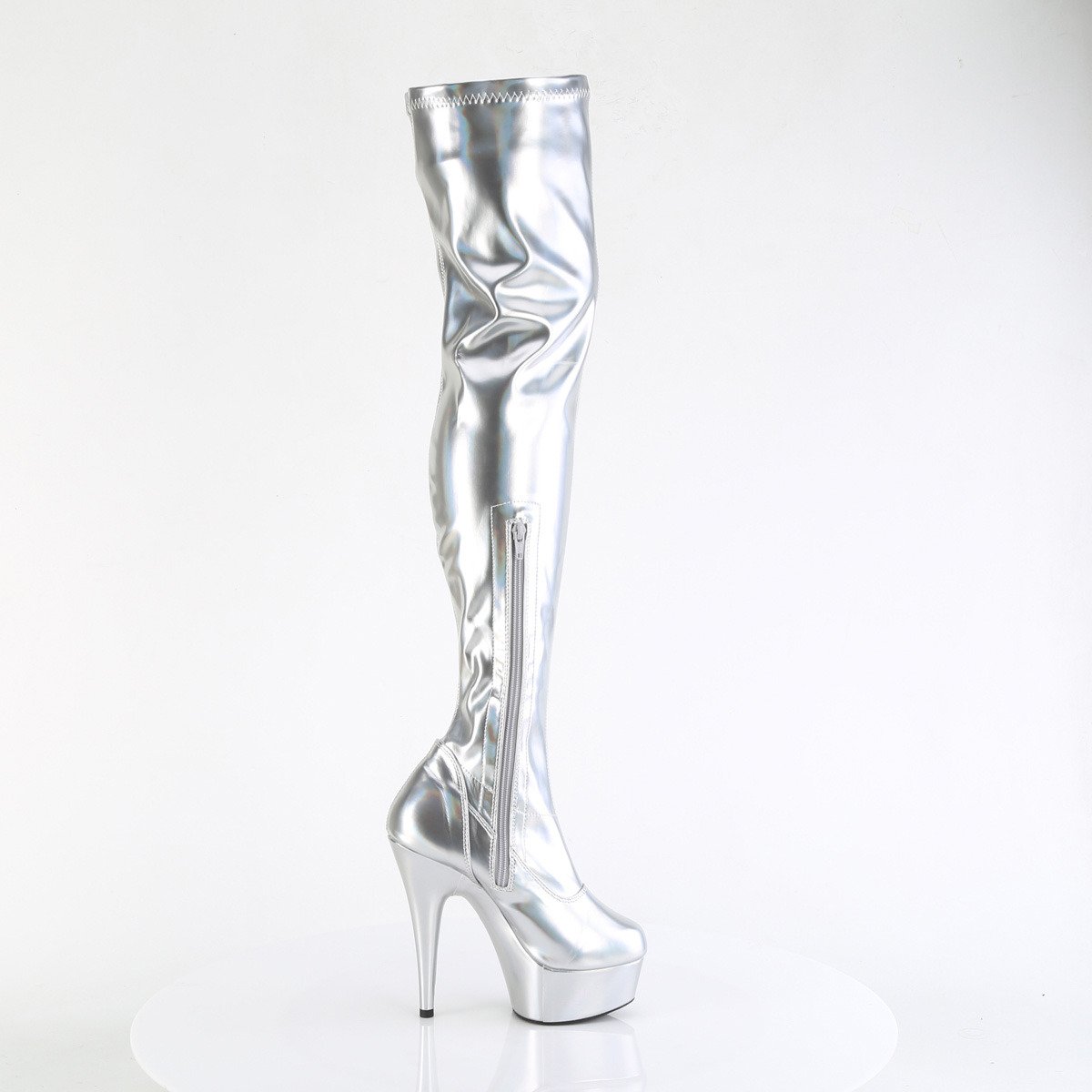 Pleaser Delight-3000HWR SHGPU/M - Shiny Silver Platform High-Heel Thigh High Boots