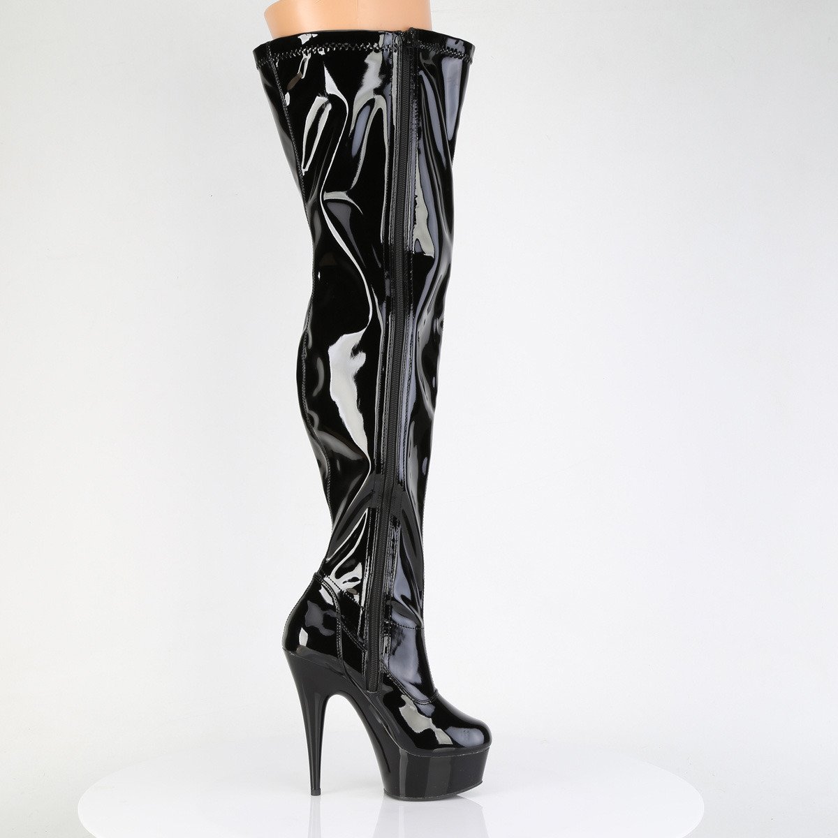 Pleaser Delight-3000WCF B/M - Shiny Black Platform High-Heel Thigh High Boots With Widened Calf