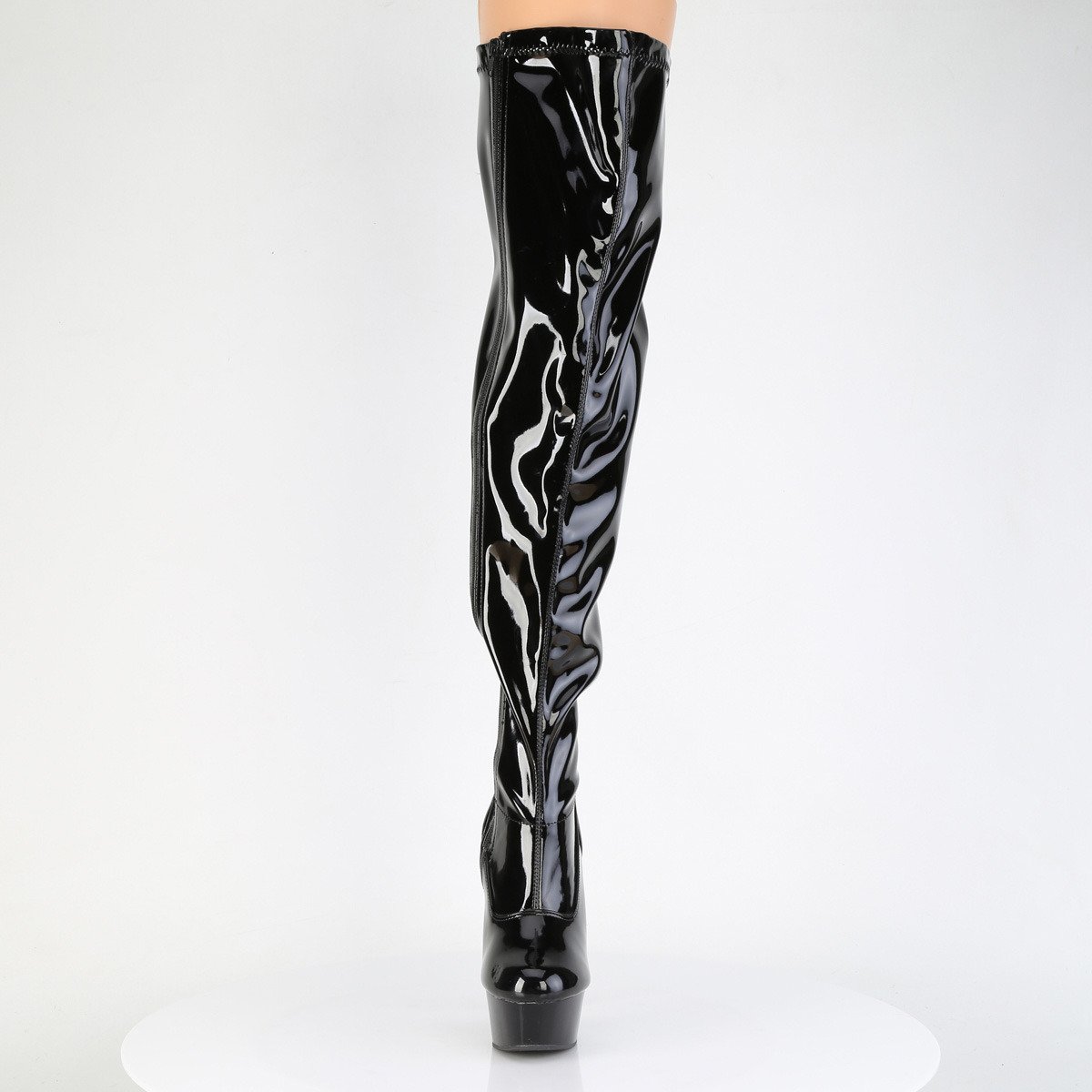 Pleaser Delight-3000WCF B/M - Shiny Black Platform High-Heel Thigh High Boots With Widened Calf