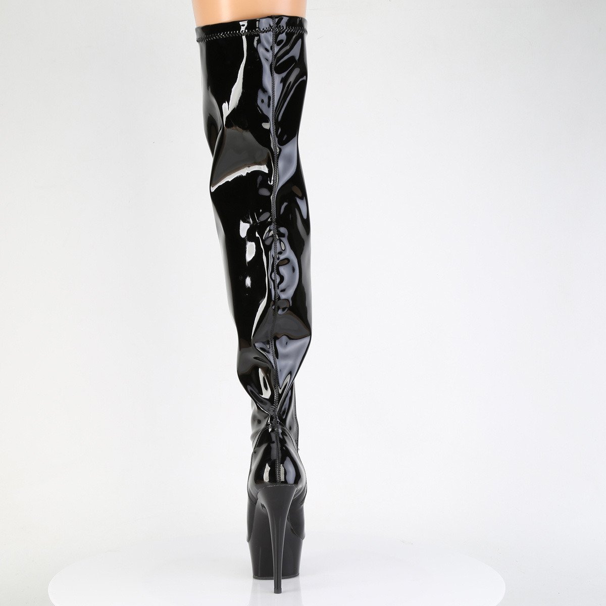 Pleaser Delight-3000WCF B/M - Shiny Black Platform High-Heel Thigh High Boots With Widened Calf