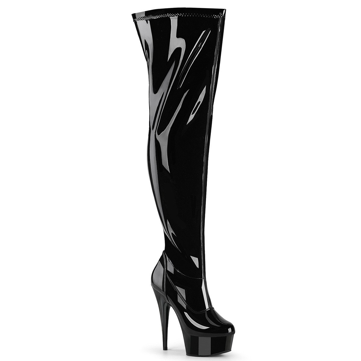 Pleaser Delight-3000WCF B/M - Shiny Black Platform High-Heel Thigh High Boots With Widened Calf