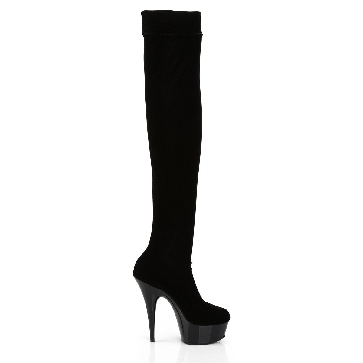 Pleaser Delight-3002 B/VEL - Black Platform High-Heel Thigh High Boots