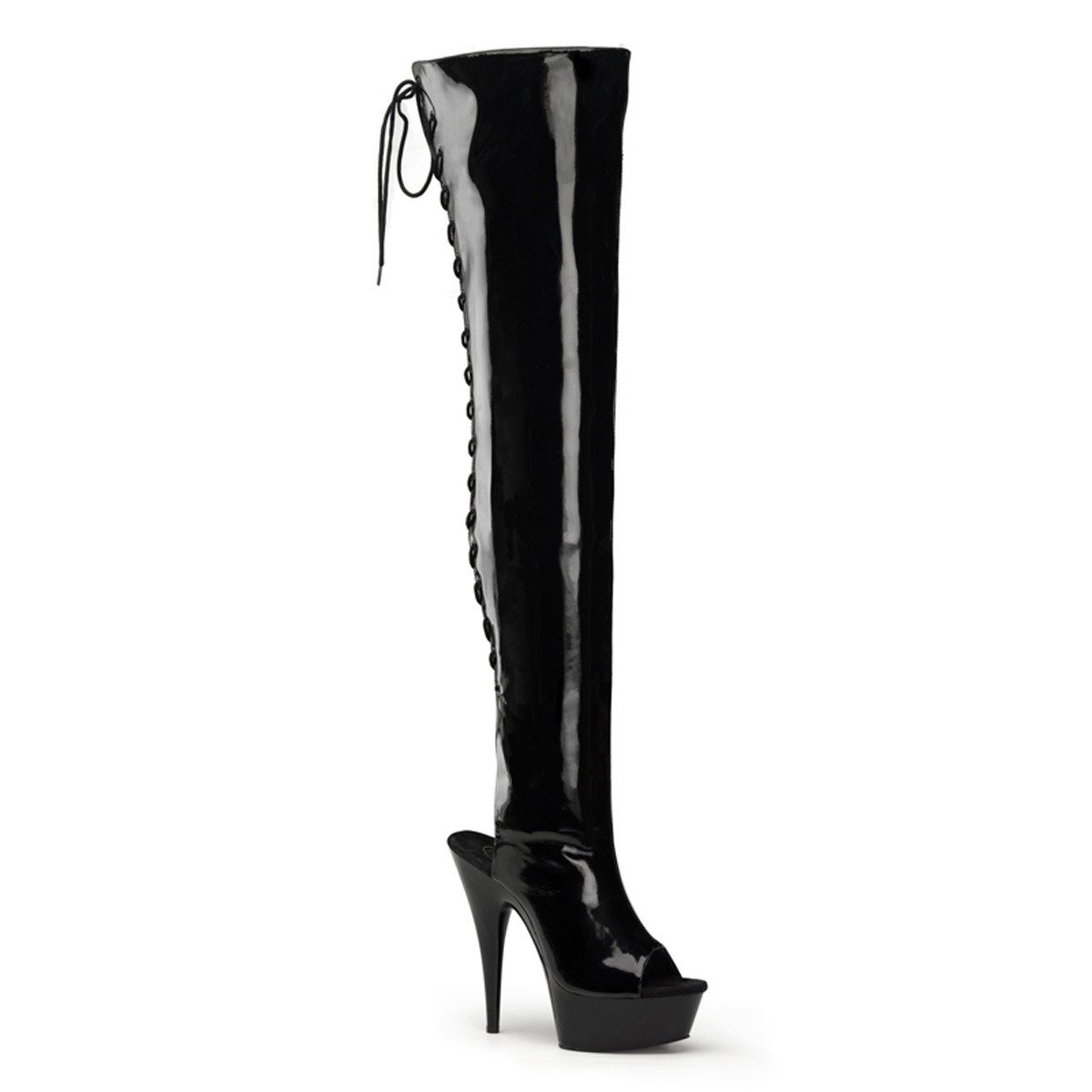 Pleaser Delight-3017 B/M - Shiny Black Platform High-Heel Thigh High Boots