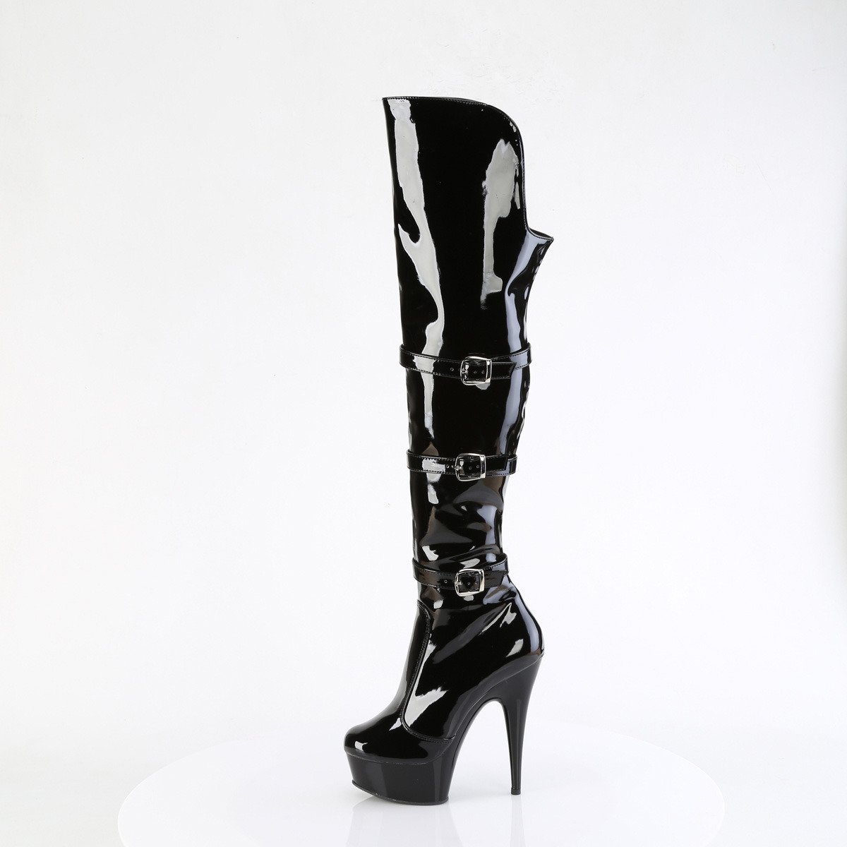 Pleaser Delight-3018 B/M - Shiny Black Platform High-Heel Thigh High Boots