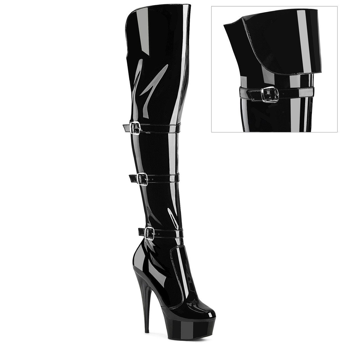 Pleaser Delight-3018 B/M - Shiny Black Platform High-Heel Thigh High Boots