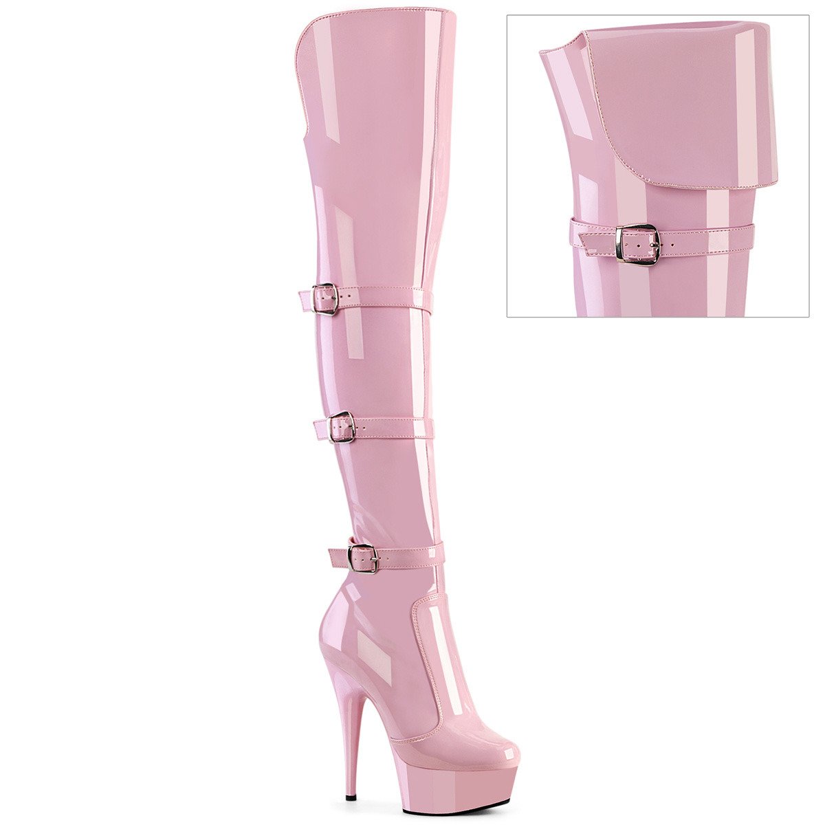Pleaser Delight-3018 BP/M - Shiny Pink Platform High-Heel Thigh High Boots