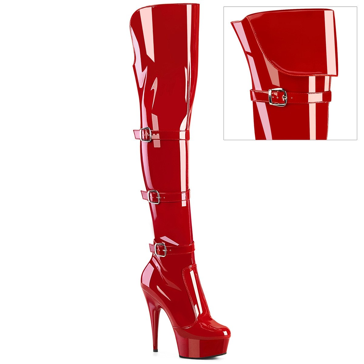 Pleaser Delight-3018 R/M - Shiny Red Platform High-Heel Thigh High Boots