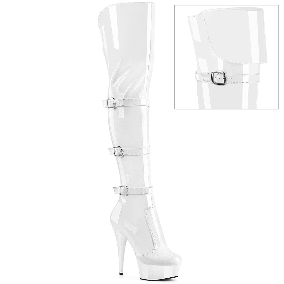Pleaser Delight-3018 W/M - Shiny White Platform High-Heel Thigh High Boots