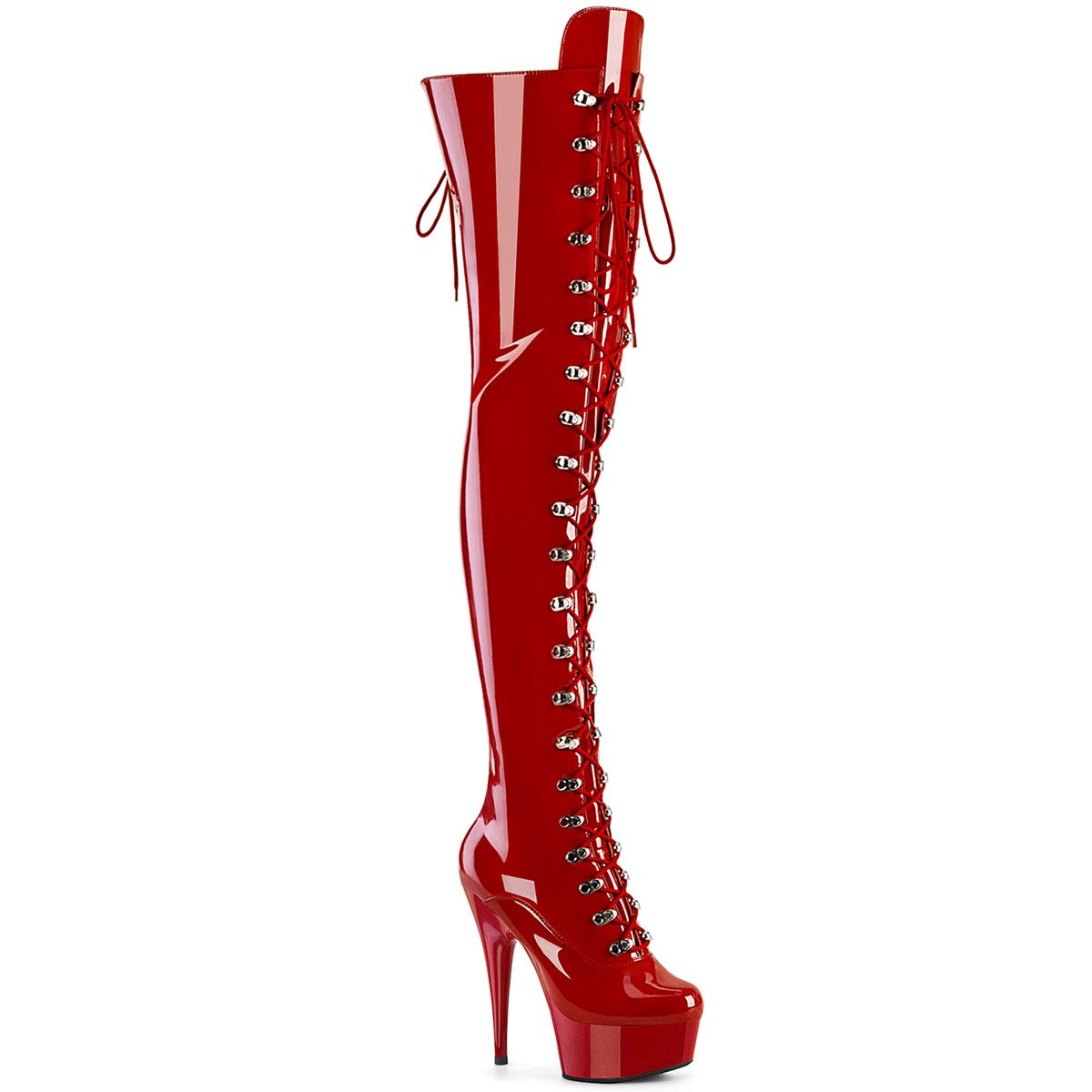Pleaser Delight-3022 R/M - Shiny Red Platform High-Heel Thigh High Boots
