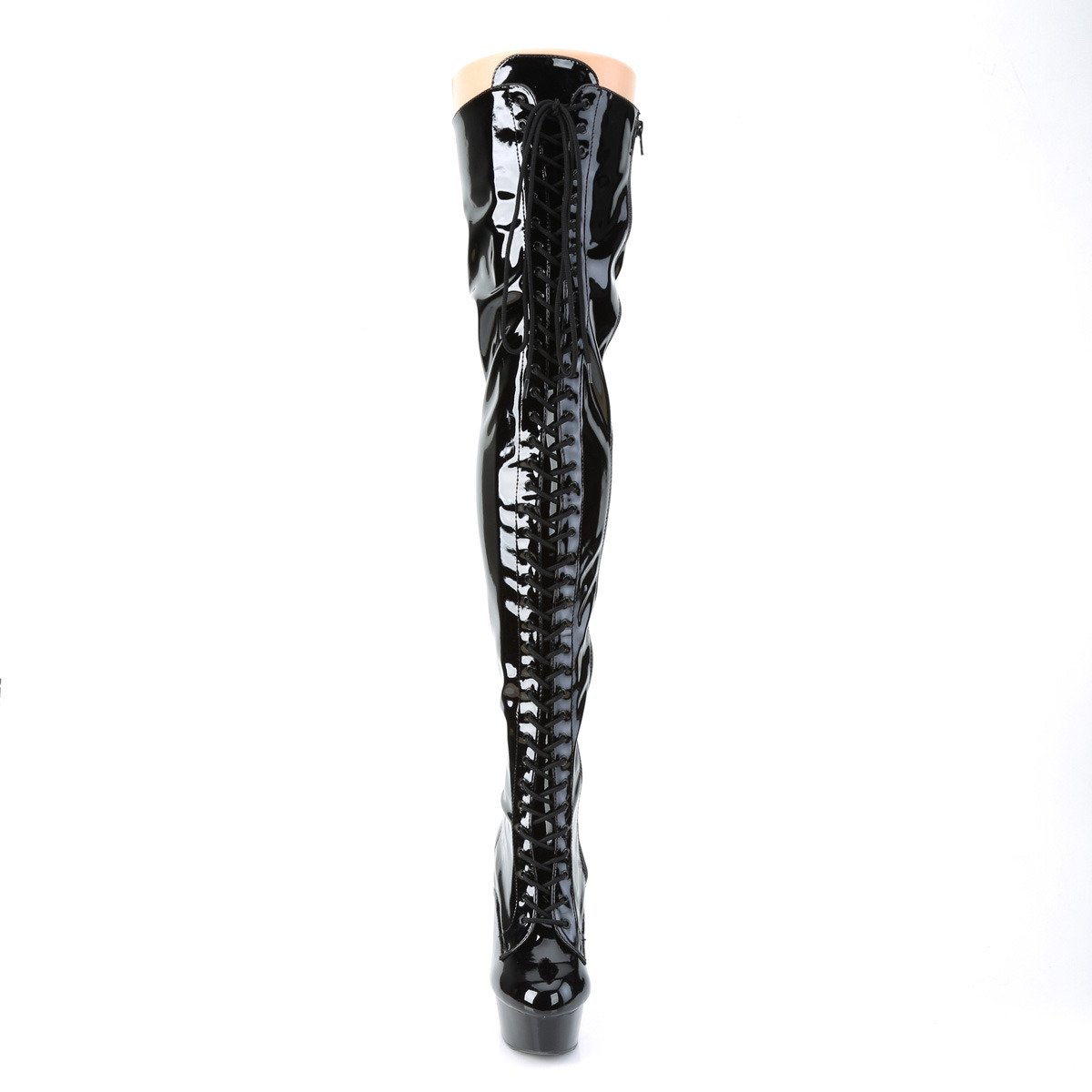Pleaser Delight-3023 B/M - Shiny Black Platform High-Heel Thigh High Boots