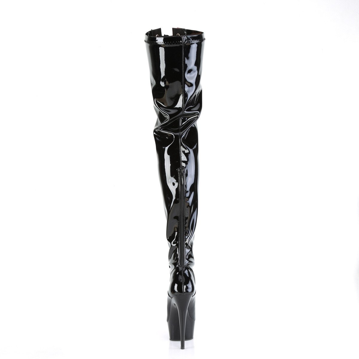 Pleaser Delight-3027 B-R/B - Shiny Black Platform High-Heel Thigh High Boots