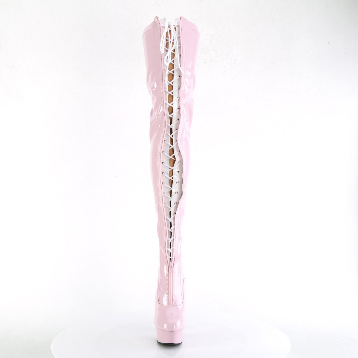 Pleaser Delight-3027 BP-W/BP - Shiny Pink Platform High-Heel Thigh High Boots