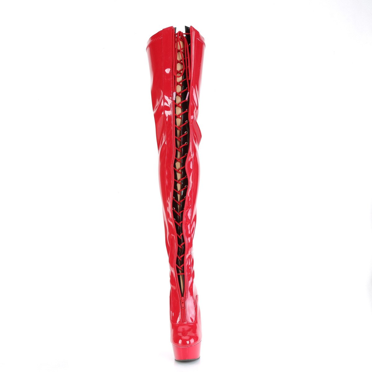 Pleaser Delight-3027 R-B/R - Shiny Red Platform High-Heel Thigh High Boots
