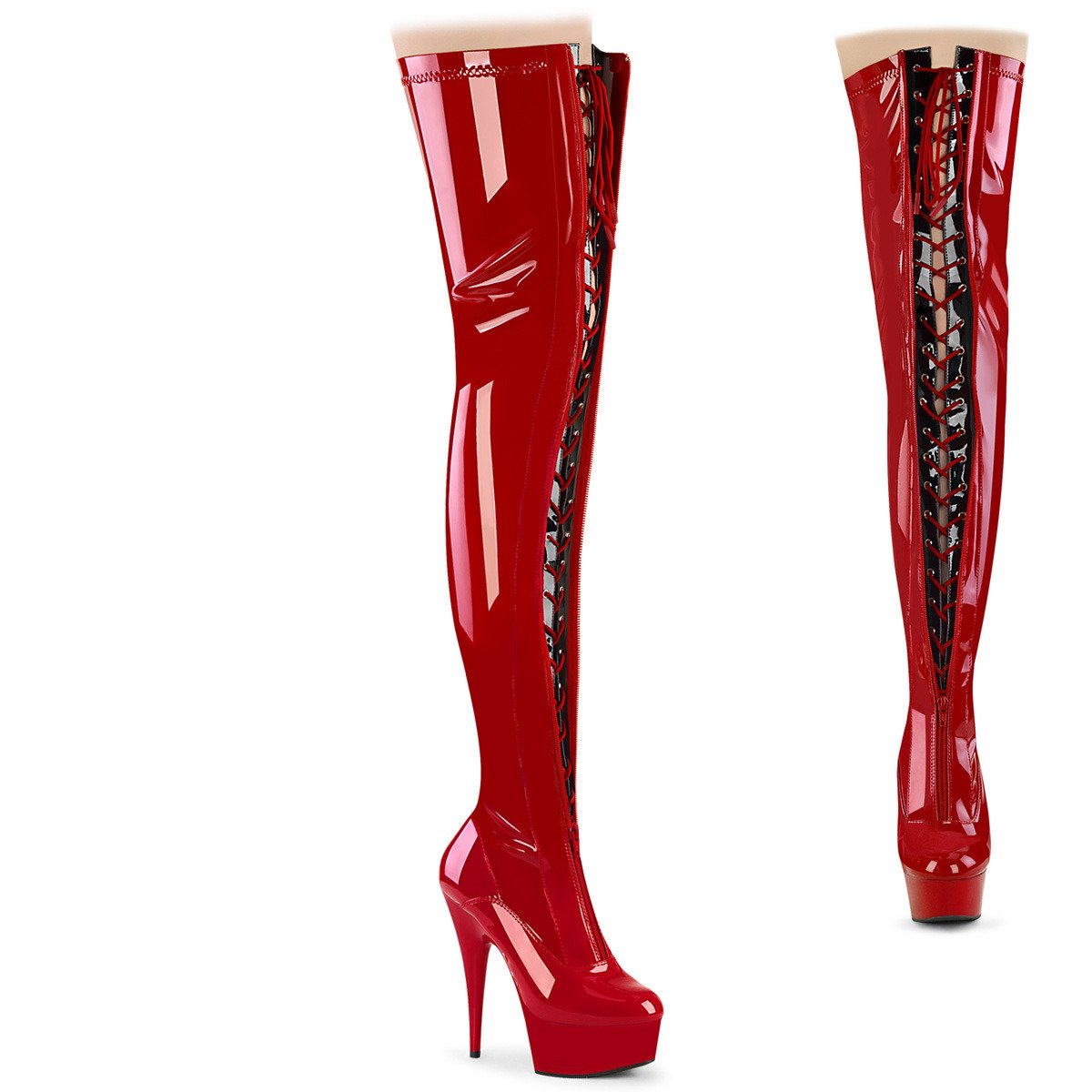 Pleaser Delight-3027 R-B/R - Shiny Red Platform High-Heel Thigh High Boots
