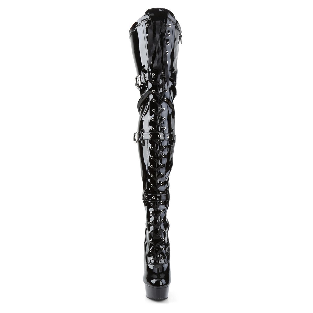 Pleaser Delight-3028 B/M - Shiny Black Platform High-Heel Thigh High Boots