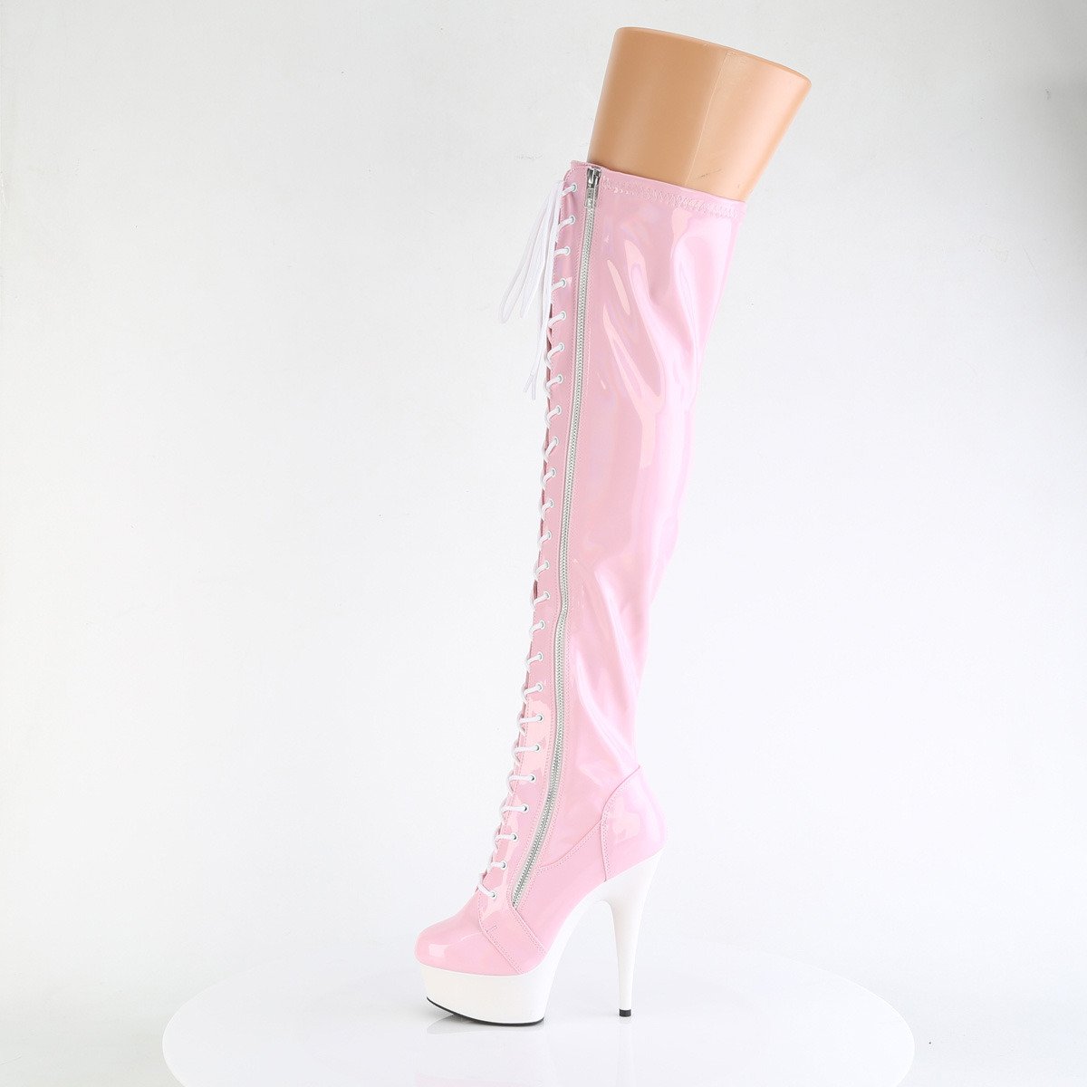 Pleaser Delight-3029 BPHG/W - Shiny Pink Platform High-Heel Thigh High Boots