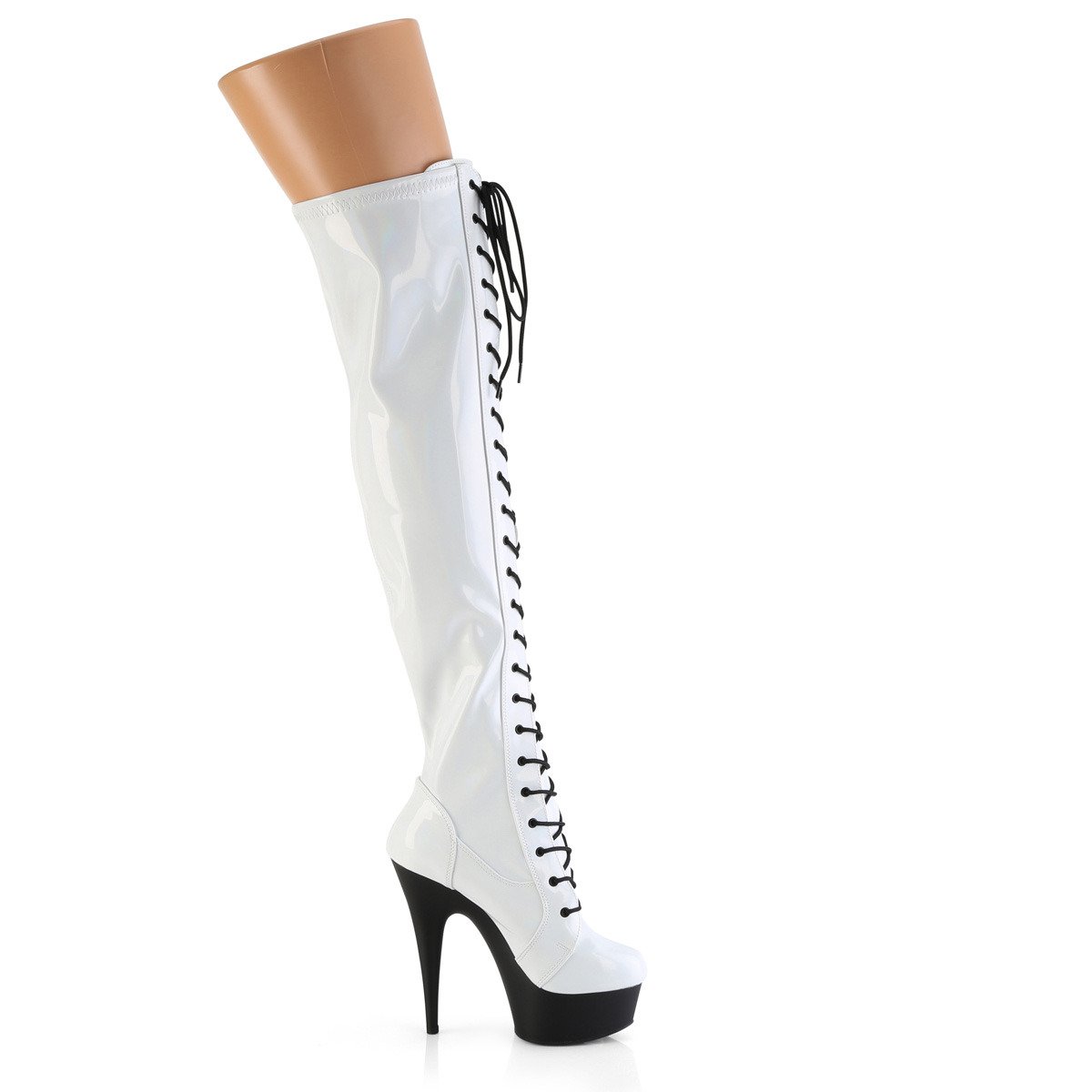 Pleaser Delight-3029 WHG/B - Shiny White Platform High-Heel Thigh High Boots