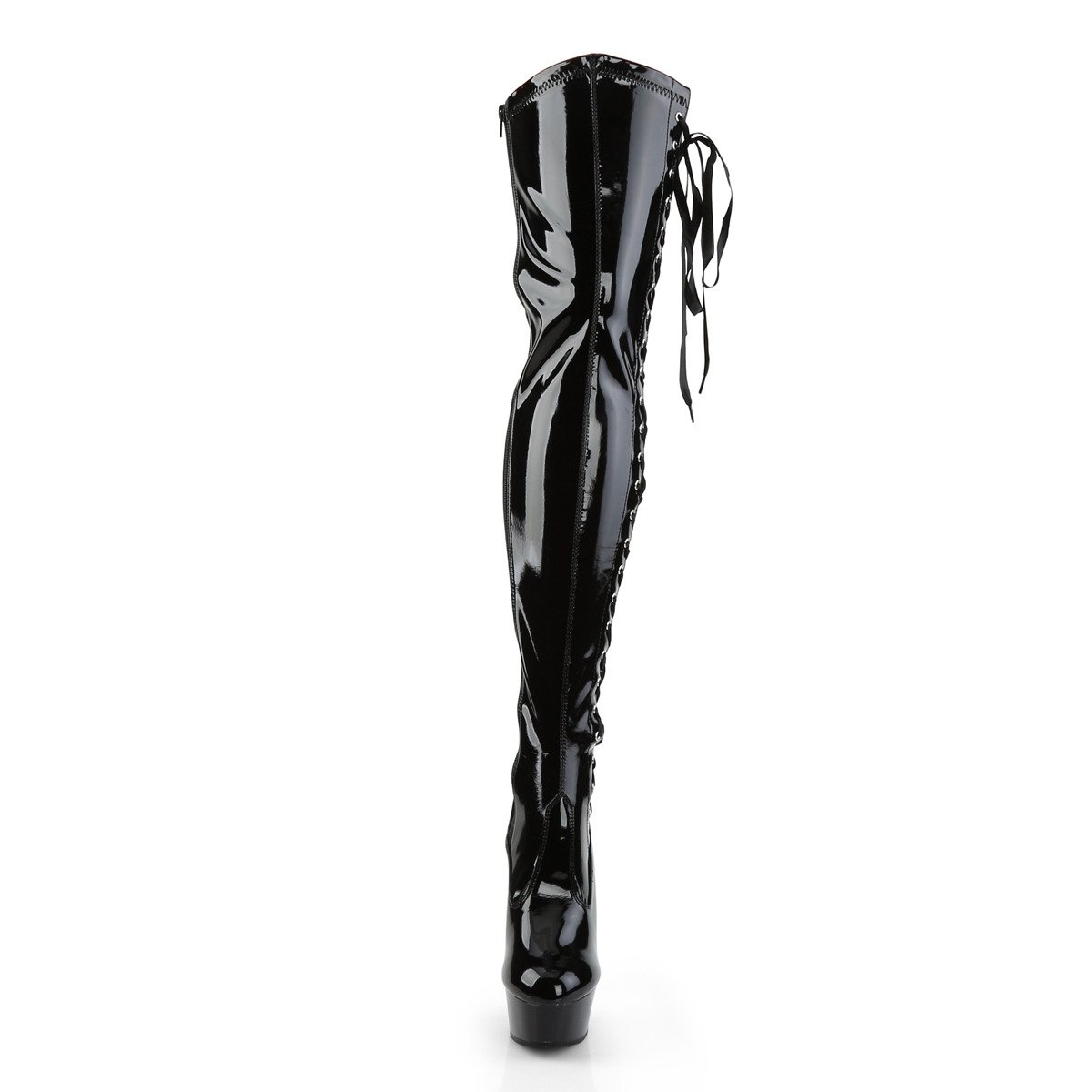 Pleaser Delight-3050 B/M - Shiny Black Platform High-Heel Thigh High Boots