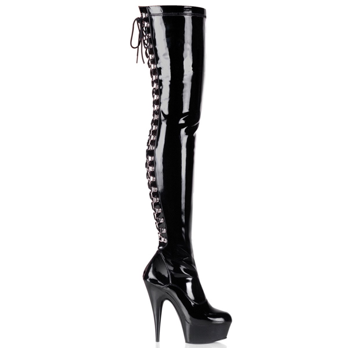Pleaser Delight-3063 B/M - Shiny Black Platform High-Heel Thigh High Boots