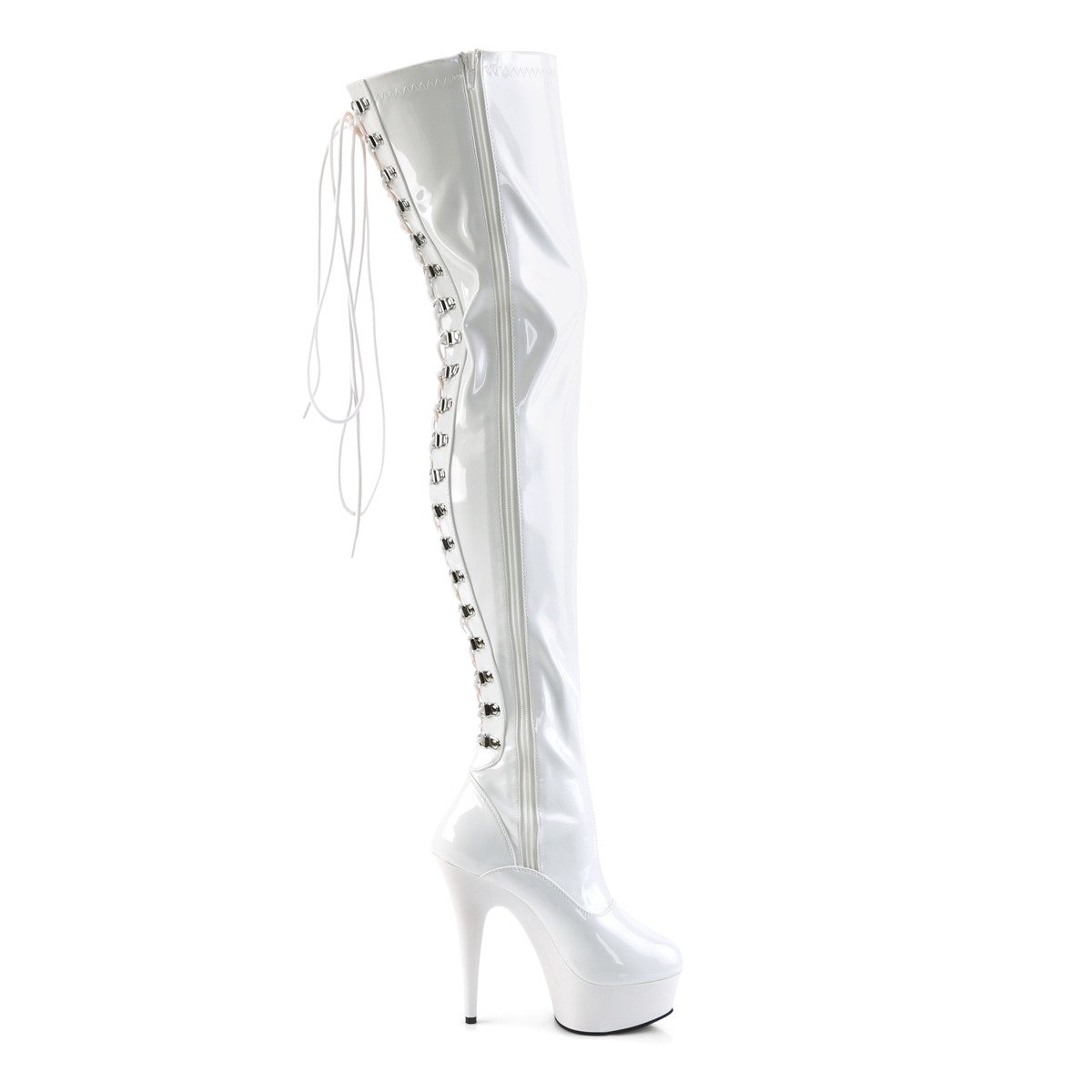 Pleaser Delight-3063 W/M - Shiny White Platform High-Heel Thigh High Boots