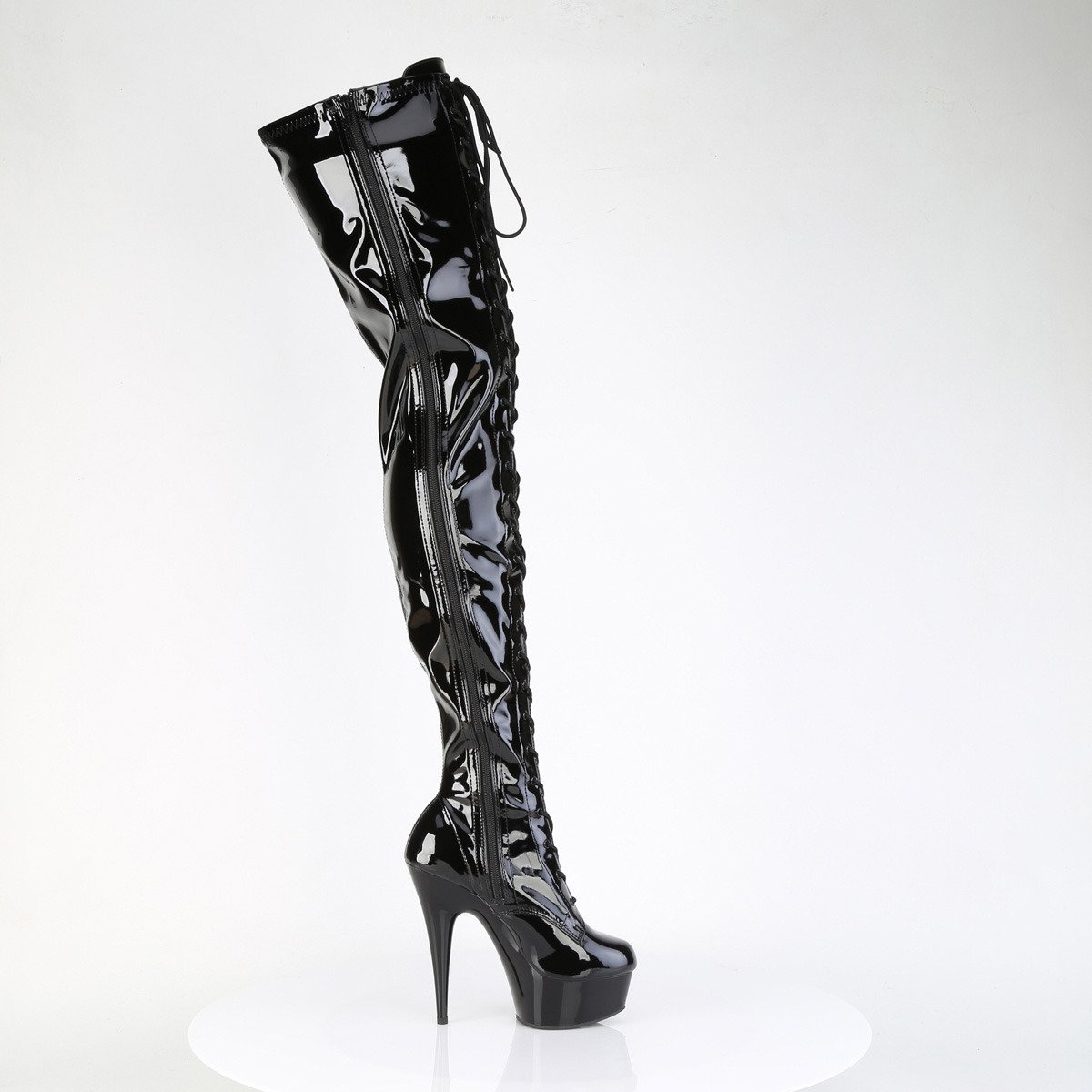 Pleaser Delight-4023 B/M - Shiny Black Platform High-Heel Thigh High Boots