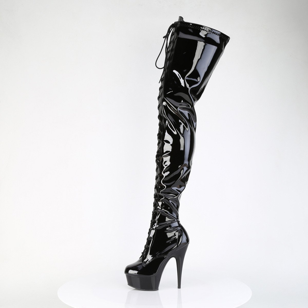 Pleaser Delight-4023 B/M - Shiny Black Platform High-Heel Thigh High Boots