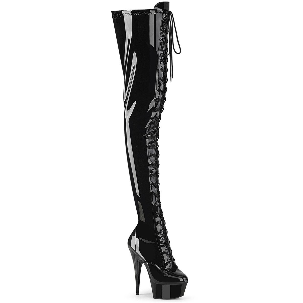 Pleaser Delight-4023 B/M - Shiny Black Platform High-Heel Thigh High Boots