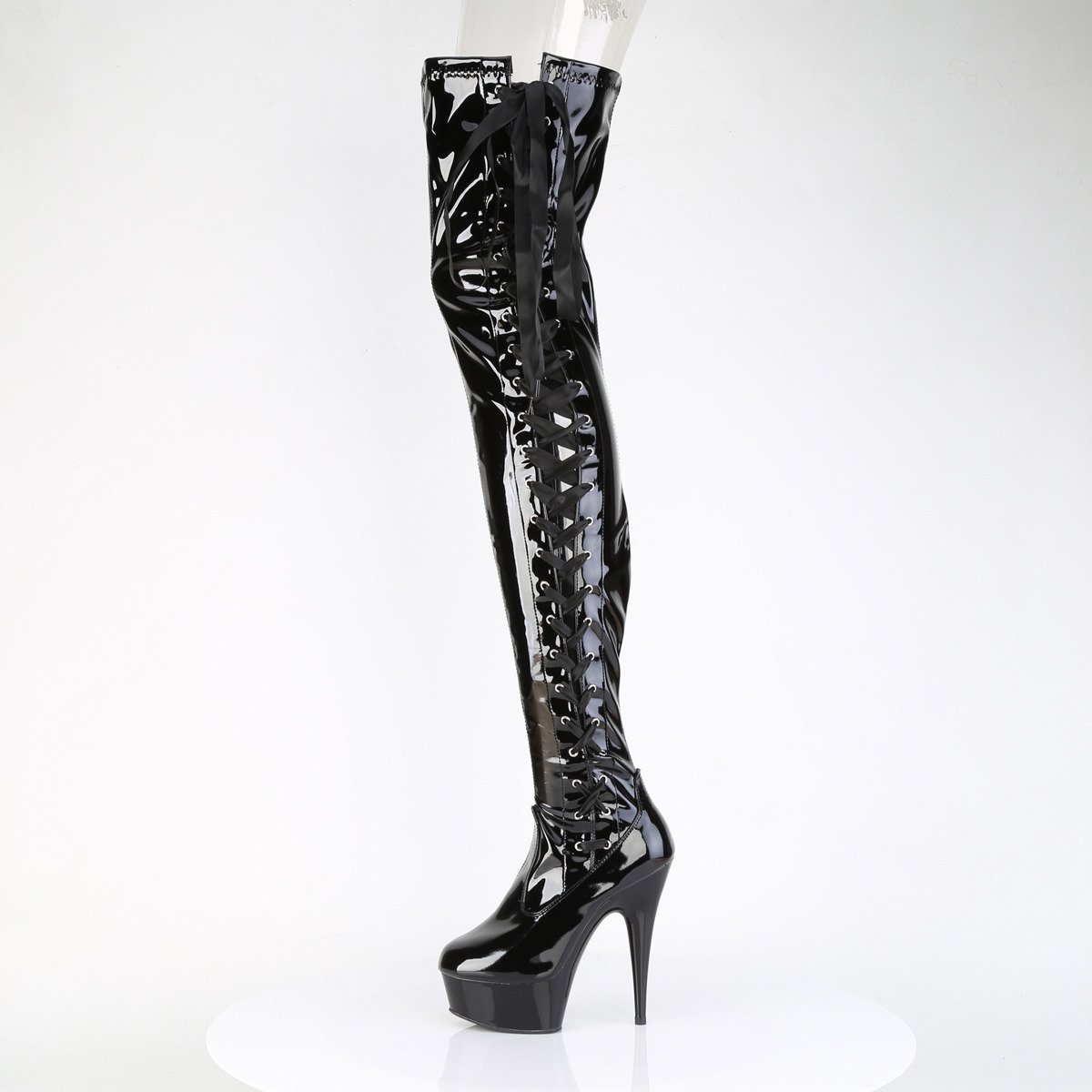 Pleaser Delight-4050 B/M - Shiny Black Platform High-Heel Thigh High Boots