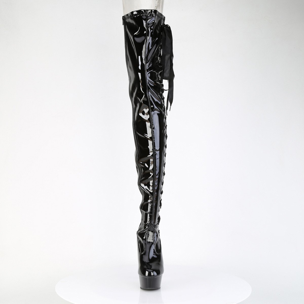 Pleaser Delight-4050 B/M - Shiny Black Platform High-Heel Thigh High Boots