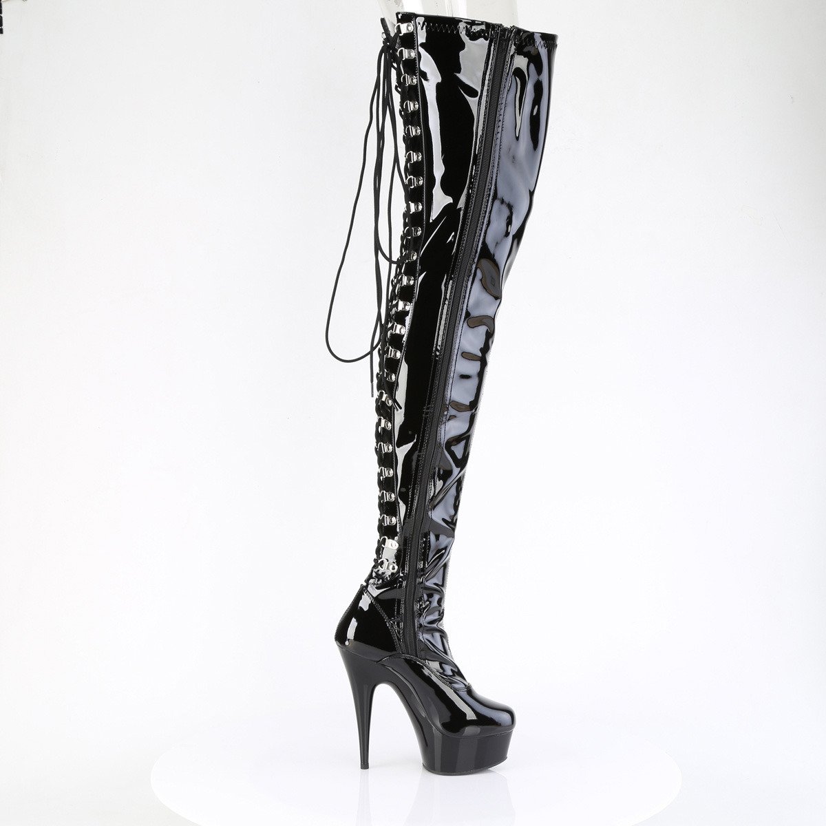 Pleaser Delight-4063 B/M - Shiny Black Platform High-Heel Thigh High Boots