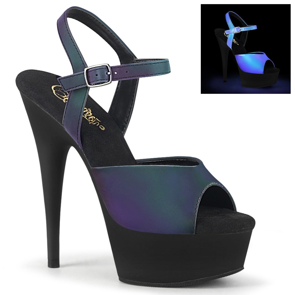 Pleaser Delight-609REFL GNREFL/B - Blue Platform High-Heel Sandals