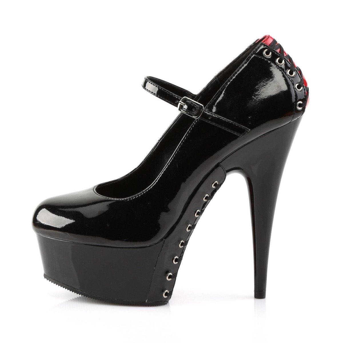 Pleaser Delight-687FH BR/B - Shiny Black Platform High-Heel Pumps With Straps