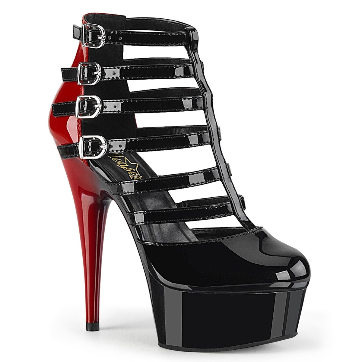 Pleaser Delight-695 B-R/B - Shiny Black Platform High-Heel Strap Heels