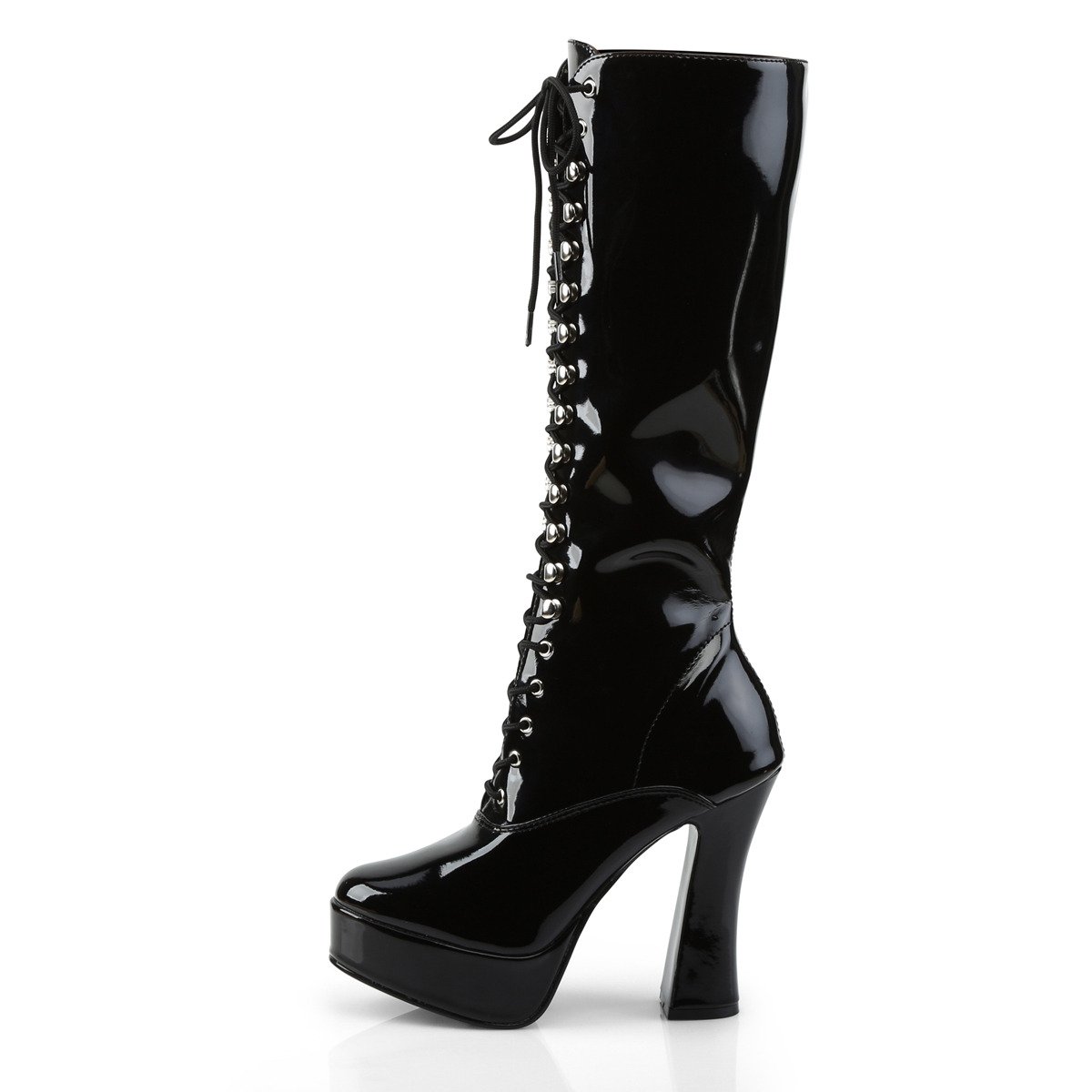 Pleaser Electra-2020 B - Shiny Black Platform High Chunky-Heel Knee High Boots