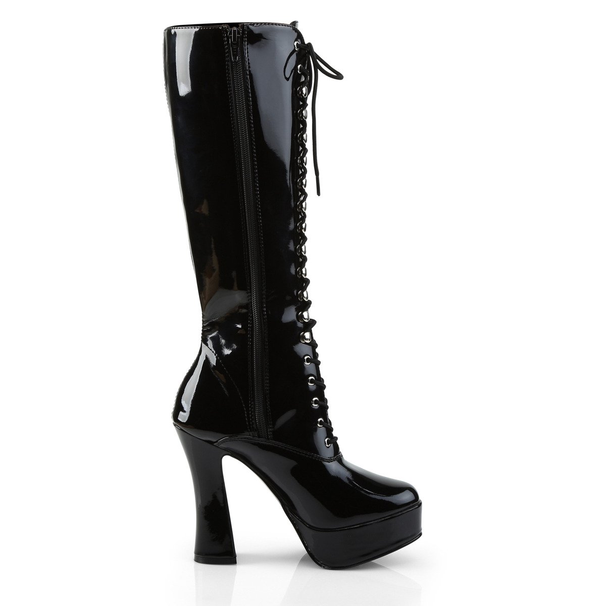 Pleaser Electra-2020 B - Shiny Black Platform High Chunky-Heel Knee High Boots
