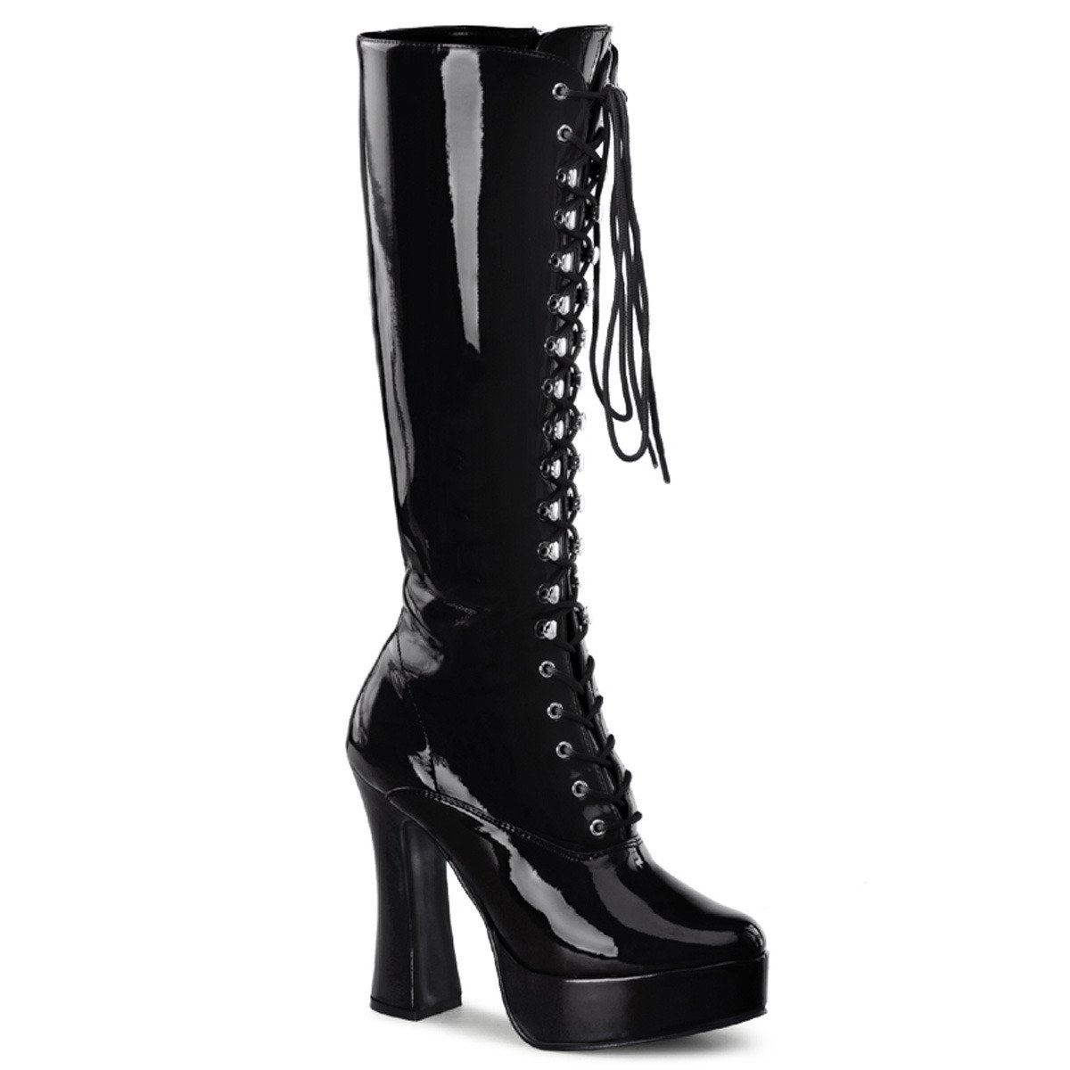 Pleaser Electra-2020 B - Shiny Black Platform High Chunky-Heel Knee High Boots